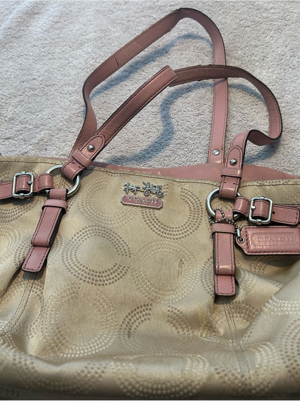 Coach Beige Signature Tote with Pink Trim and Straps